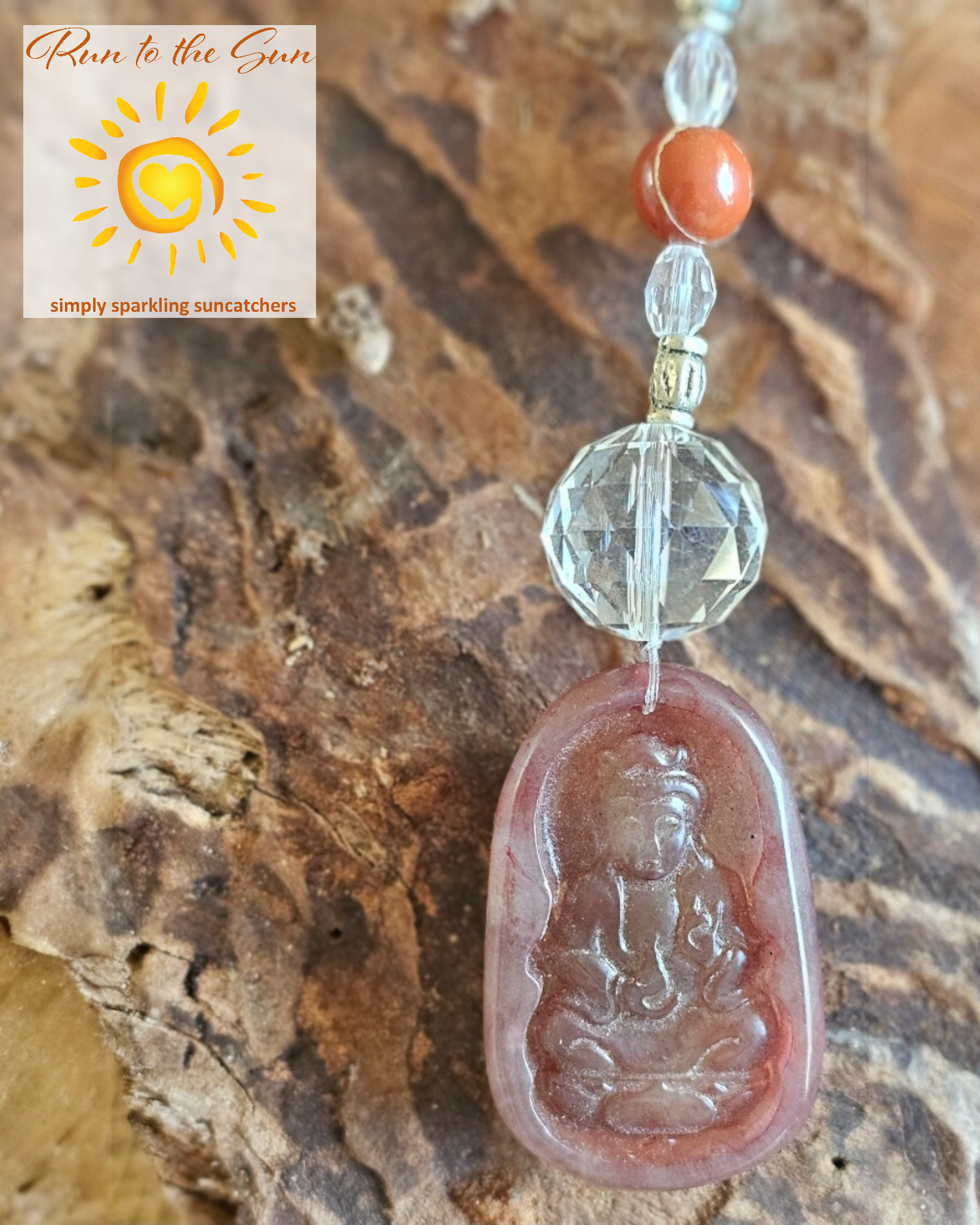 Stone Buddha pendant suncatcher with Chakra beads detail
