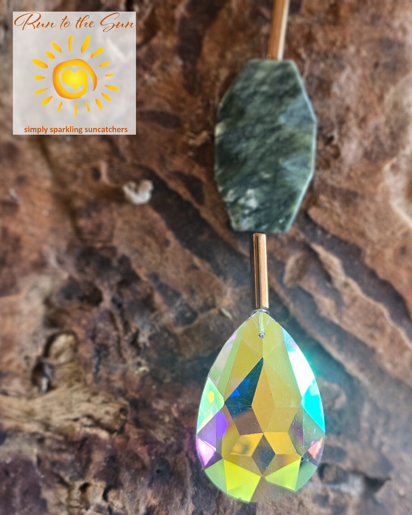 Jade and Bronze suncatcher with prism fire-polished pendant detail
