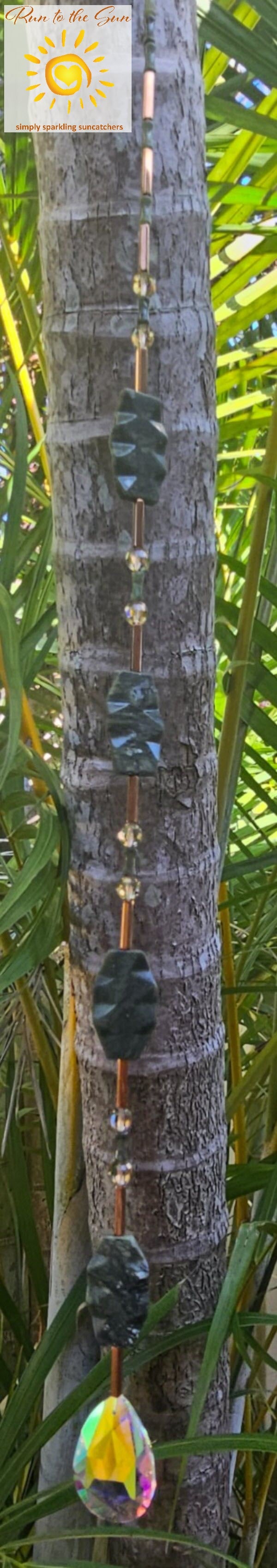 Jade and Bronze suncatcher with prism fire-polished pendant hanging view