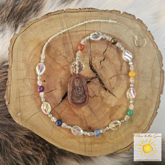 Stone Buddha pendant suncatcher with Chakra beads
